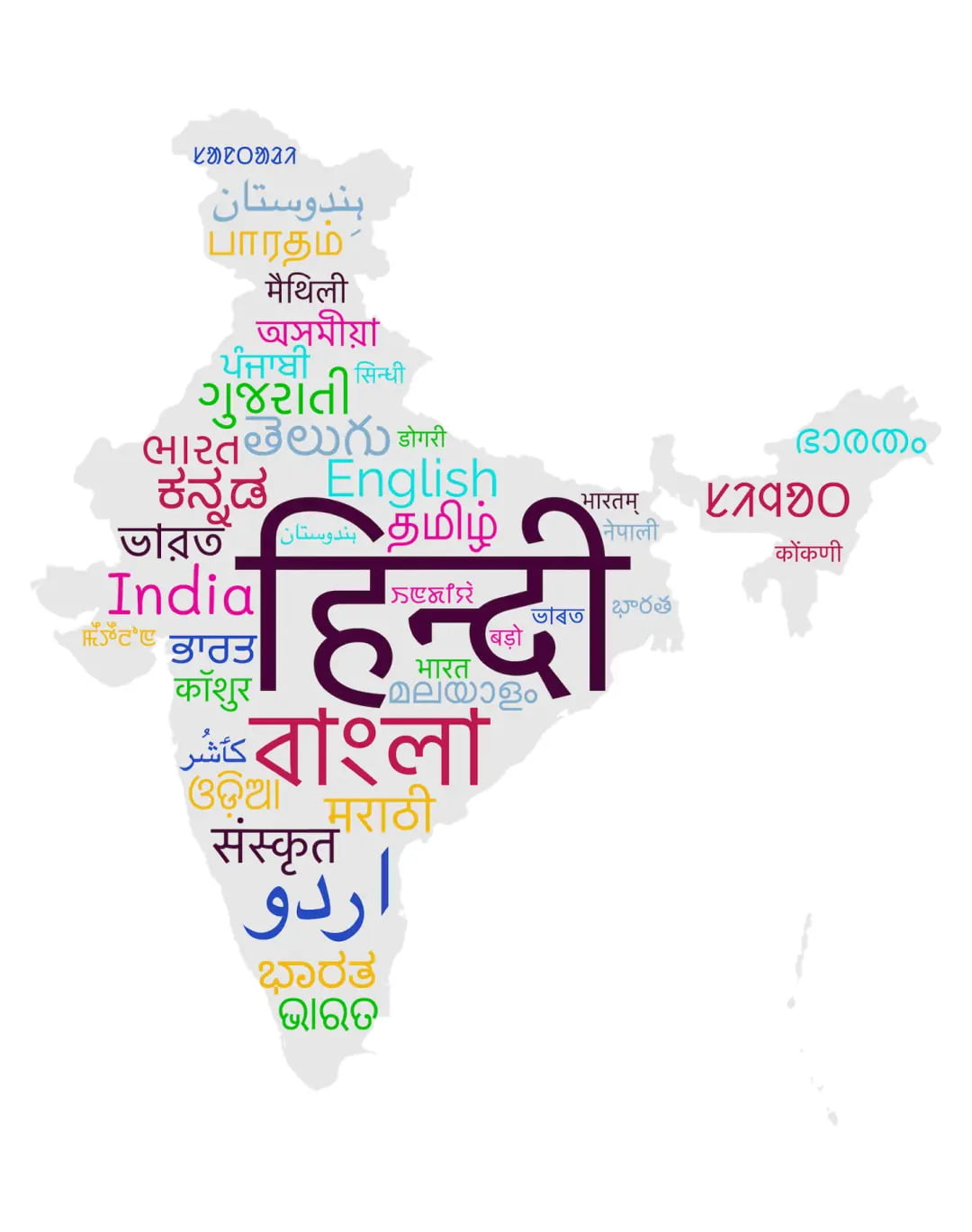 Outline of India filled with various languages, representing the linguistic diversity of the country.