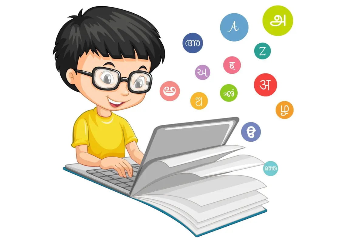 child sitting at a desk, typing on a typewriter. Words in different languages are flying out from the typewriter as the child types.
