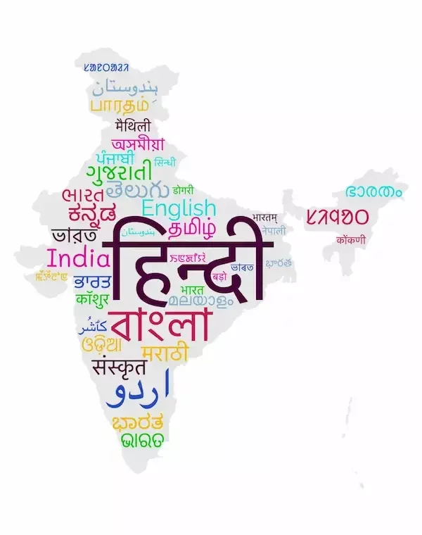 Outline map of India showing its different languages
